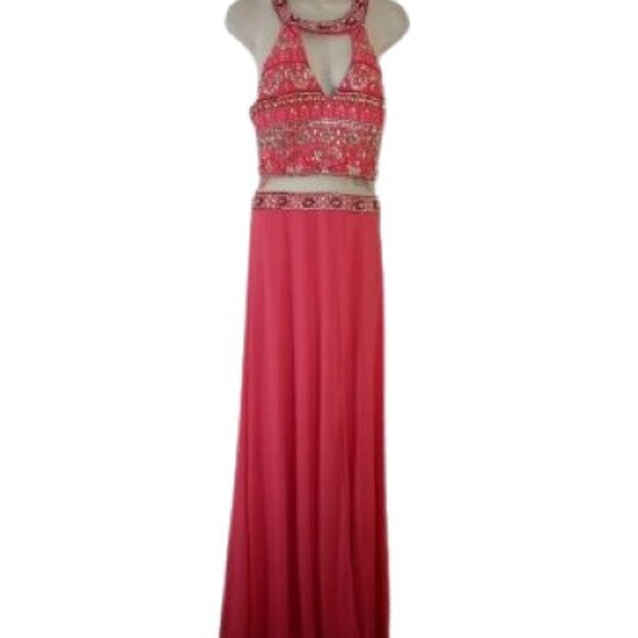 Vintage Let's Womens Evening Gown Coral Beaded Cut Out Slit Front Mesh Inset M - Picture 1 of 8